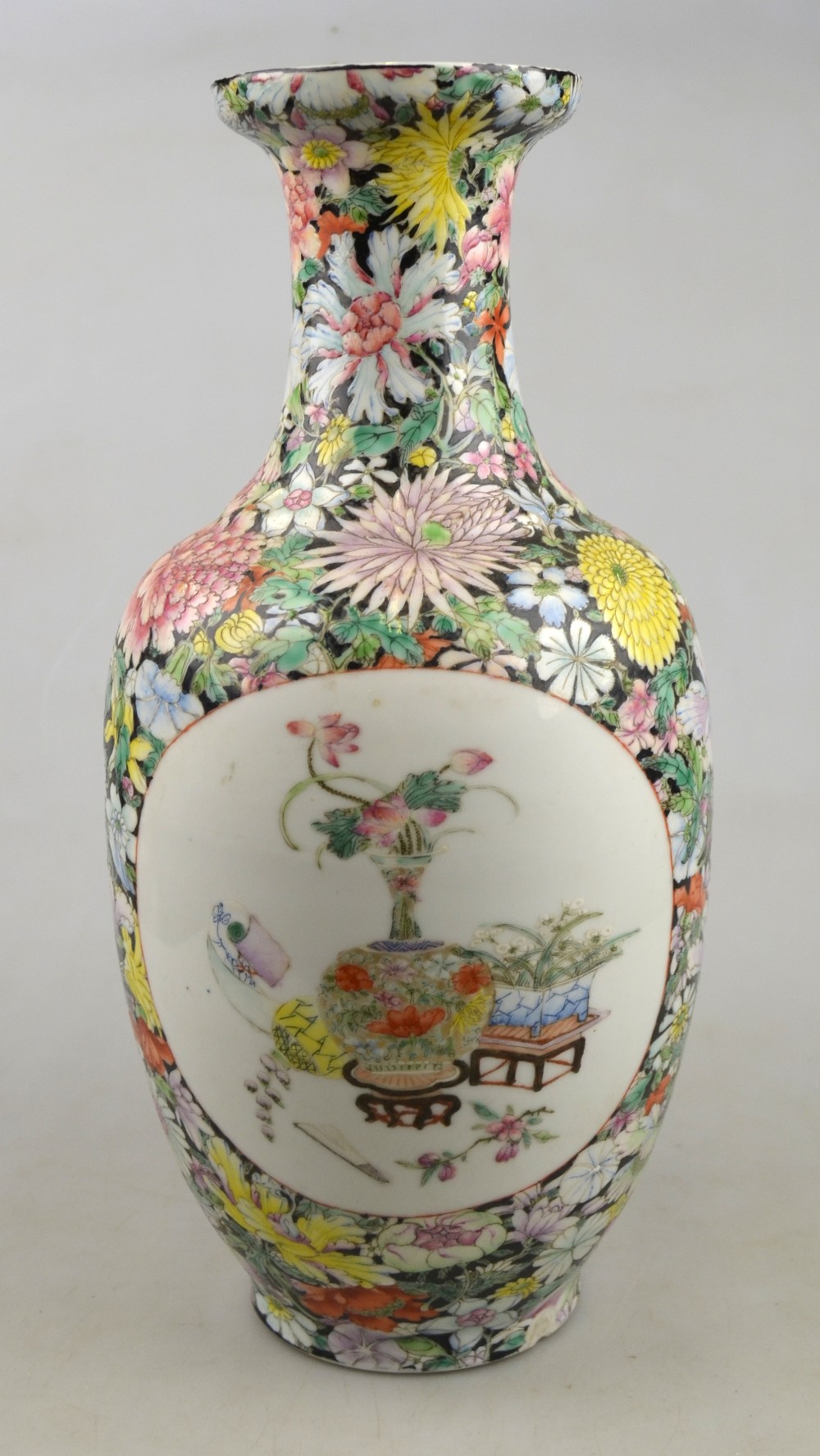 A Chinese millefiore vase decorated with two circular panels of polychrome vases of flowers, - Image 2 of 7