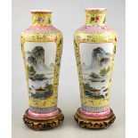 A pair of Chinese famille rose vases decorated with rectangular panels painted with watery