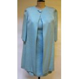 A 1960's aquamarine ribbed silk shift dress with matching coat with large button fastening at neck,