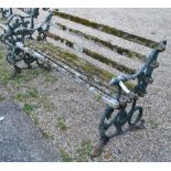 A Coalbrookdale cast iron and wood slat garden bench in serpent and grape design, weathered,