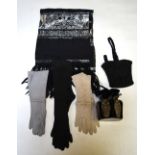 A pair of black kid suede and sequinned evening gloves, a grey and beige pair of gloves,