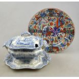 A Victorian sauce tureen, cover and stand, blue and white transfer decorated with the 'Ancient