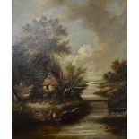 English school - A river landscape with cottage on a river bank, men in rowing boat, oil on canvas,