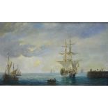 Leonard Jones - Clippers in a busy shipping channel, oil on board, signed lower left, 16.