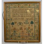 A George IV cross-stitch needlework sampler worked with spiritual verse, animals and shrubs,