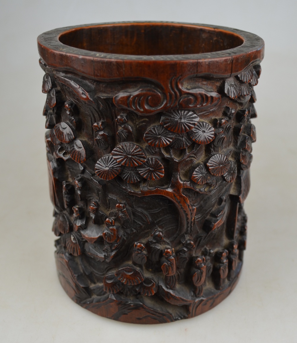 A Chinese bamboo brush pot carved with numerous figures on a mountainous path with buildings and - Image 5 of 9
