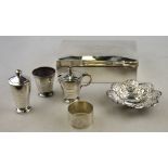 An Art Deco silver three-piece condiment set of stepped conical form, Selfridge & Co. Ltd.