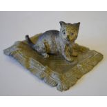 A Franz Bergman cold-painted bronze kitten, seated on a fringed rug, stamped on reverse, no.