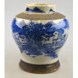 A Chinese blue and white crackleware vase of compressed baluster form, 19th century, decorated