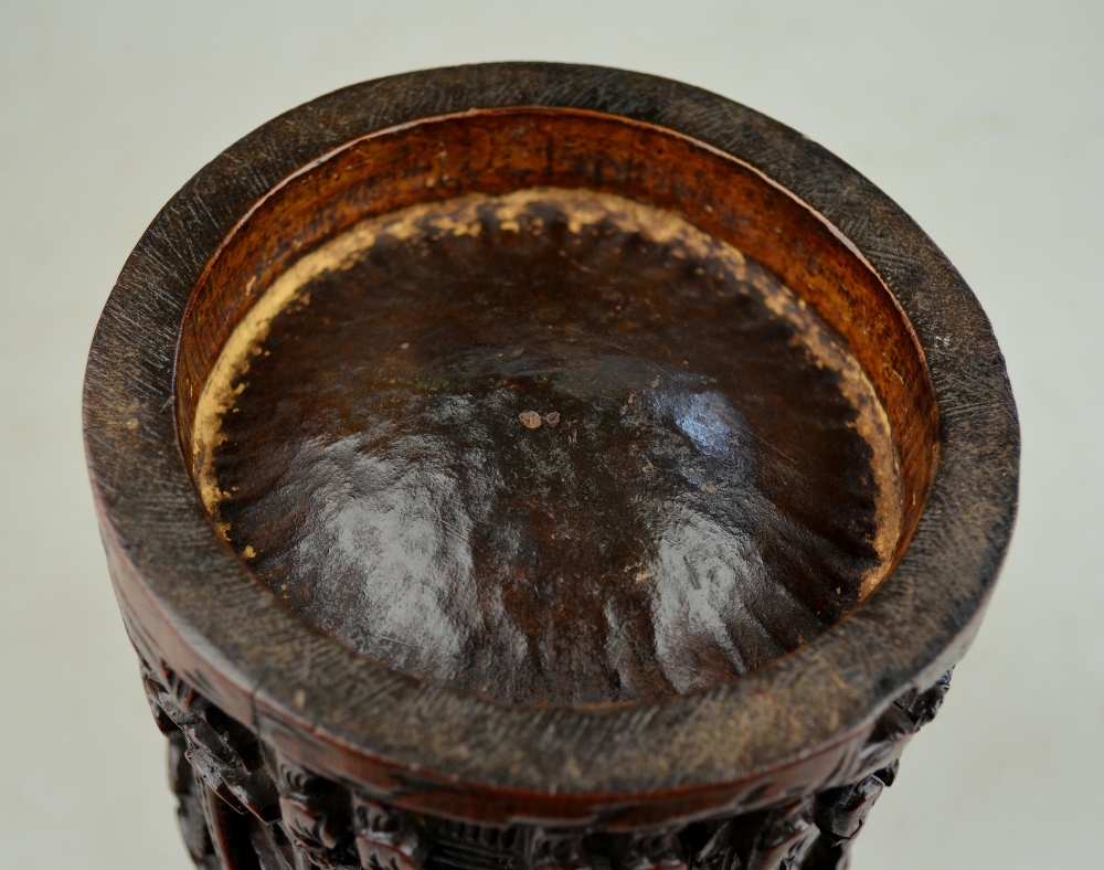 A Chinese bamboo brush pot carved with numerous figures on a mountainous path with buildings and - Image 7 of 9