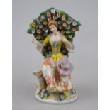 A 19th century continental porcelain figure of a seated lady with sheep, bears underglaze blue crown