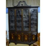 A satinwood inlaid walnut Sheraton Revival breakfront library bookcase,