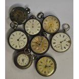 Eight various silver fob watches with keywind silver movements (all a/f)