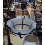 A pair of Art Deco brass ceiling lights with frosted glass bowl shades,