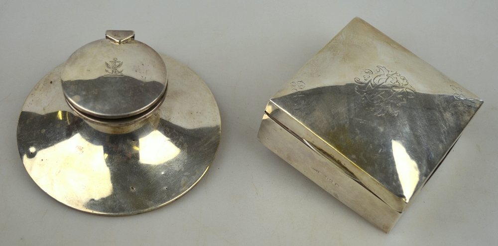 An Edwardian silver capstan inkwell, A & J Zimmerman, Birmingham 1908, to/w a cigarette box, - Image 2 of 2