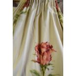 Two pairs of lined curtains, cream ground with single red rose stem pattern, complete with tie-backs