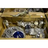 A quantity of electroplated wares, including salver, tray, butter dish, teapot, cream jugs,