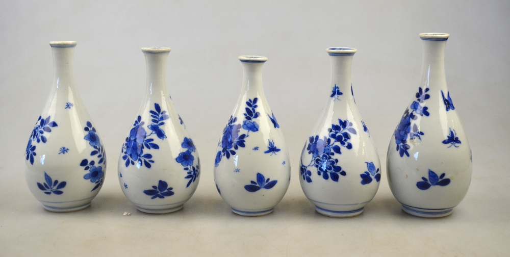 Five Chinese blue and white small pear-shaped vases decorated with flowers, birds, insects and - Image 2 of 4