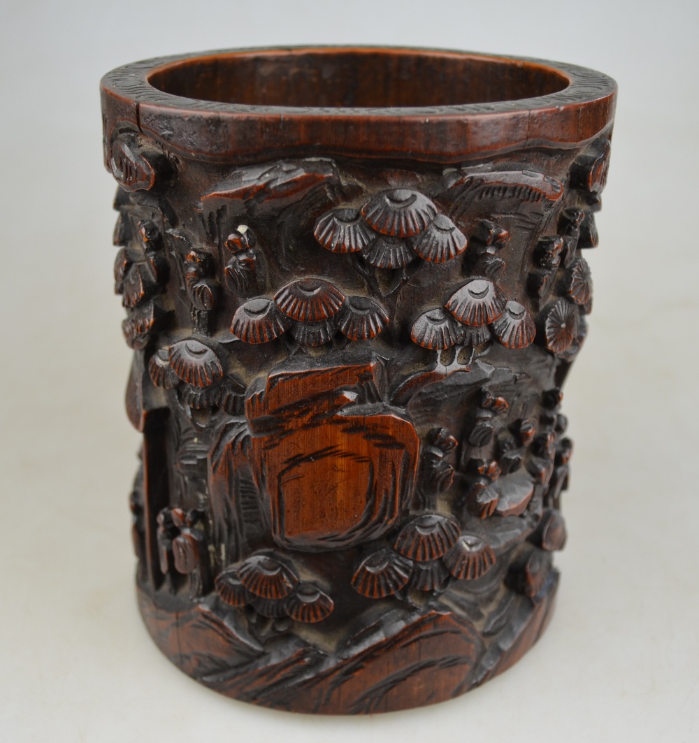 A Chinese bamboo brush pot carved with numerous figures on a mountainous path with buildings and - Image 4 of 9