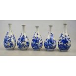Five Chinese blue and white small pear-shaped vases decorated with flowers, birds, insects and