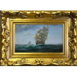 Leonard Jones - Full masted clipper on high seas, oil on panel, signed lower left, 16.