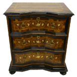 A 17th/18th century Italian ivory inlaid rosewood, walnut and ebony three drawer commode chest of