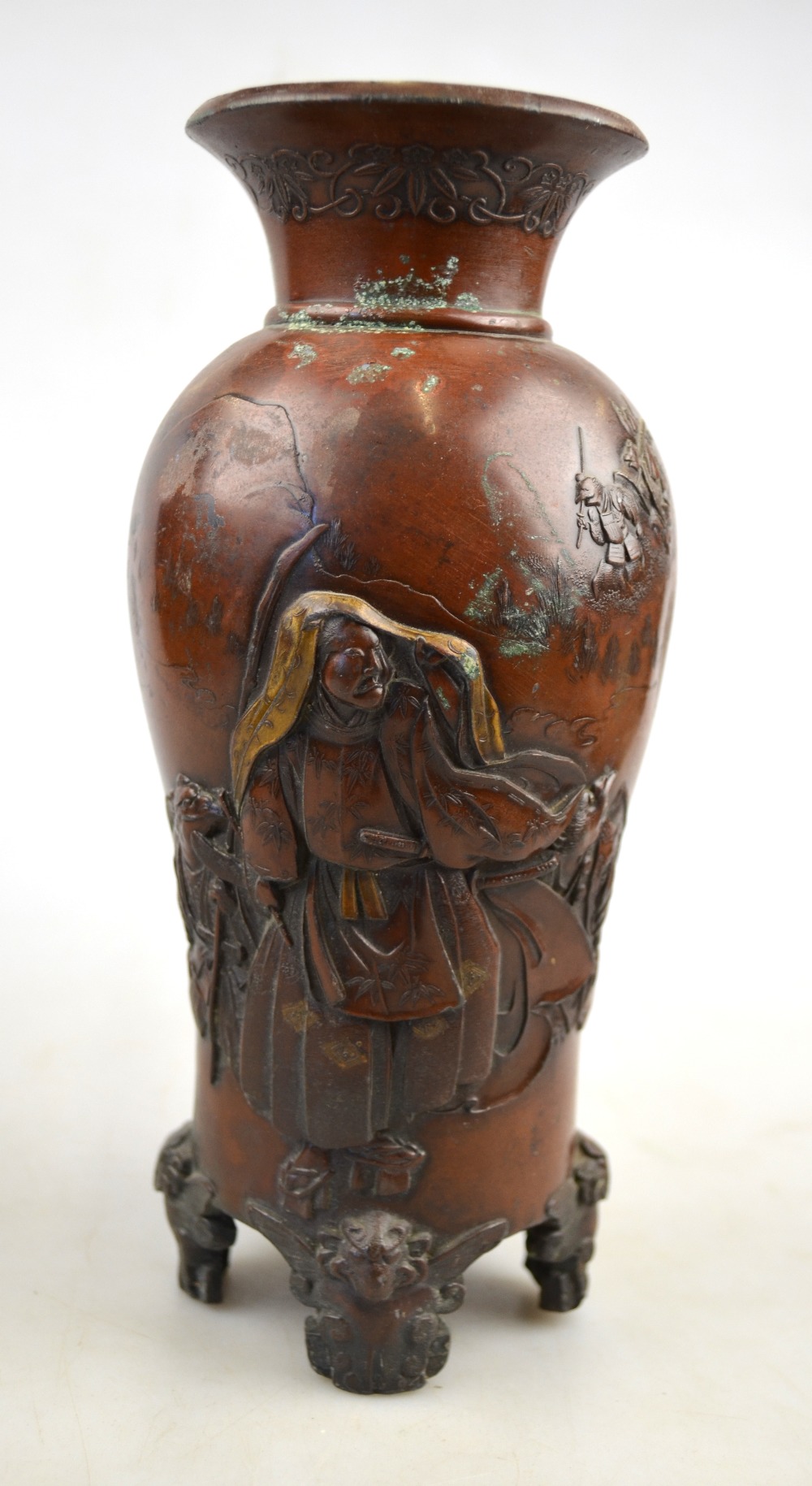 A Chinese bronze vase moulded with warriors, 21.5 cm high, to/w a bronze Chinese figure of a - Image 3 of 3