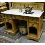 A Victorian satin birch wash stand having a white marble top with Minton Excalibar tiled