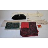 Box of old lace pieces, a green velvet beaded clutch bag, a black velvet example,