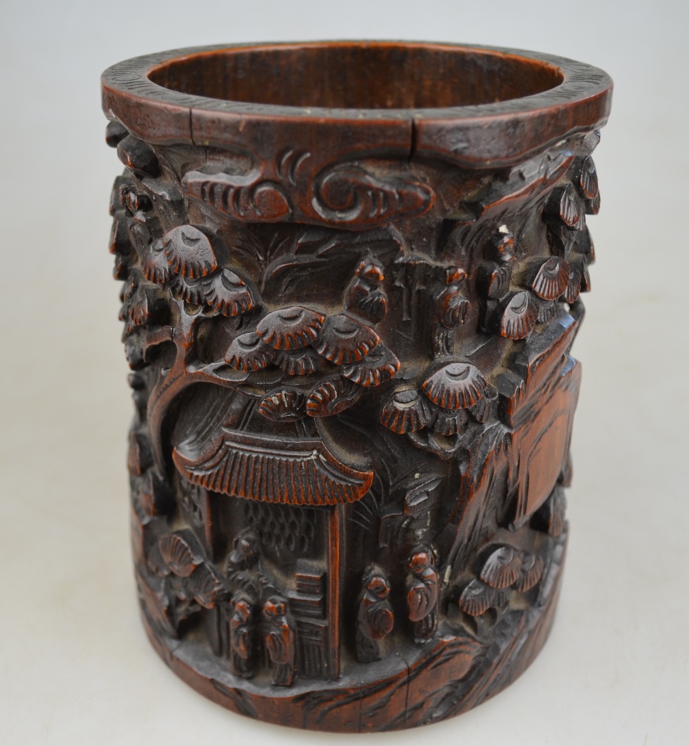 A Chinese bamboo brush pot carved with numerous figures on a mountainous path with buildings and - Image 3 of 9