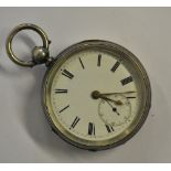 An Edwardian engraved silver open-faced pocket watch with keywind lever movement and enamel dial