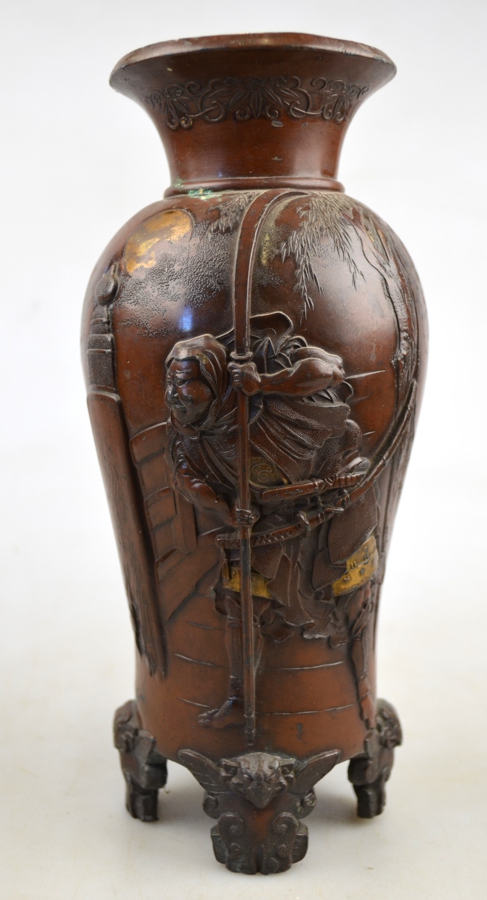 A Chinese bronze vase moulded with warriors, 21.5 cm high, to/w a bronze Chinese figure of a - Image 2 of 3