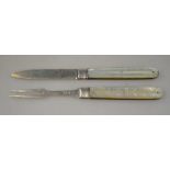 A Georgian silver folding fruit knife and fork with mother-of-pearl handles, Joseph Law,