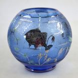 A vintage blue glass vase of globular form, the textured body decorated with silver inlaid fish