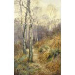 H Peach - Figures in an autumnal forest, oil on canvas, signed lower right,