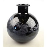 A Dartington black spherical 'inkwell' vase engraved with a dragon by Edwina Storey,