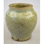 A Chinese celadon small jar incised with a geometric pattern Song/Yuan dynasty, circa 13th