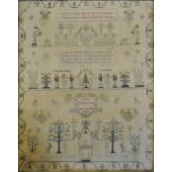 A George III finely worked cross-stitch needlework sampler, depicting animals, trees, shrubs and