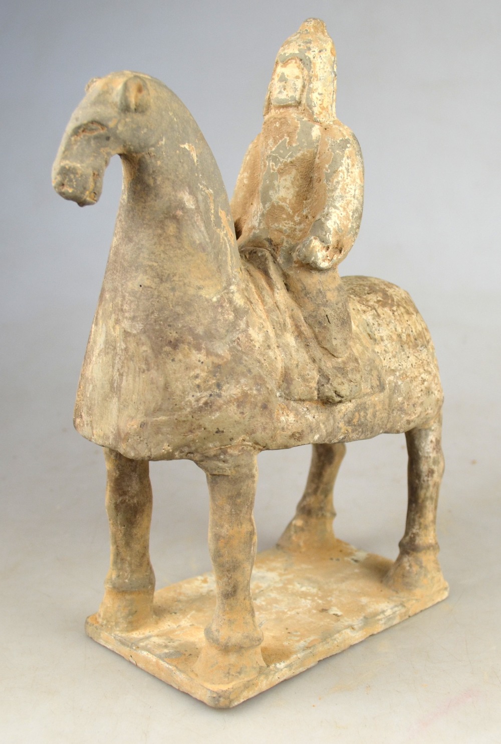 Chinese 6th century AD - a pottery funerary figure of a warrior on horseback. 24 cm Condition Report - Image 5 of 10