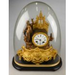 A 19th century continental gilt spelter figural drum clock under glass dome,