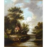 English school - A river landscape with cottage on a river bank, men in rowing boat, oil on canvas,