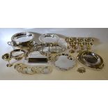 A quantity of electroplated entree dishes, heated stand, salvers, etc.
