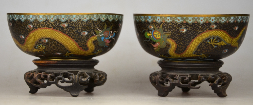 A pair of cloisonne bowls decorated with dragons contesting a flaming pearl, 11 cm dia. on stands - Image 3 of 7