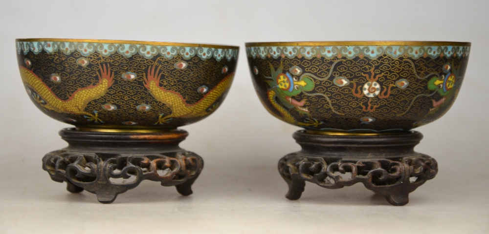 A pair of cloisonne bowls decorated with dragons contesting a flaming pearl, 11 cm dia. on stands - Image 2 of 7