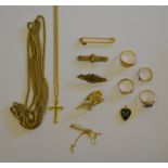 Collection of gold items mostly 9ct including guard chain with swivel, cross and chain,