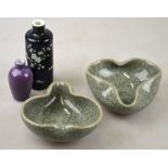 A pair of Chinese leaf shaped crackle glazed brush washers,