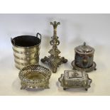 An electroplated bronze comport base on three scroll feet, to/w an ice bucket, sardine dish,