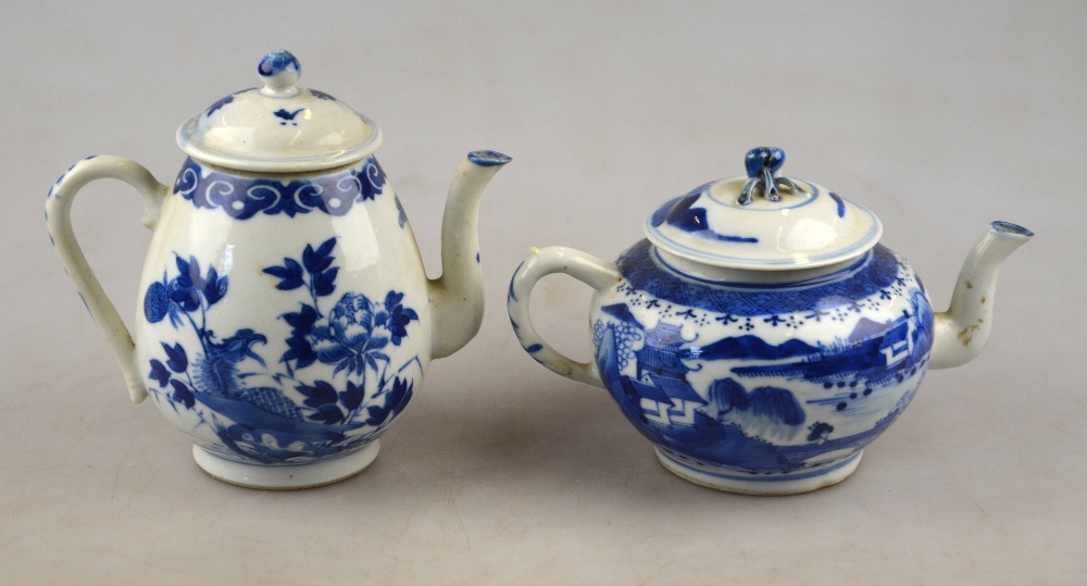 Two 19th century Chinese blue and white teapots, one decorated with pagodas in a watery landscape, - Image 5 of 8