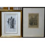 Adrian Hill - Gateway to Hampton Court, charcoal with wash, signed with initials lower right,