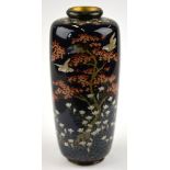 Japanese Meiji Period - a silver wired small cloisonne cylindrical vase decorated with birds in a